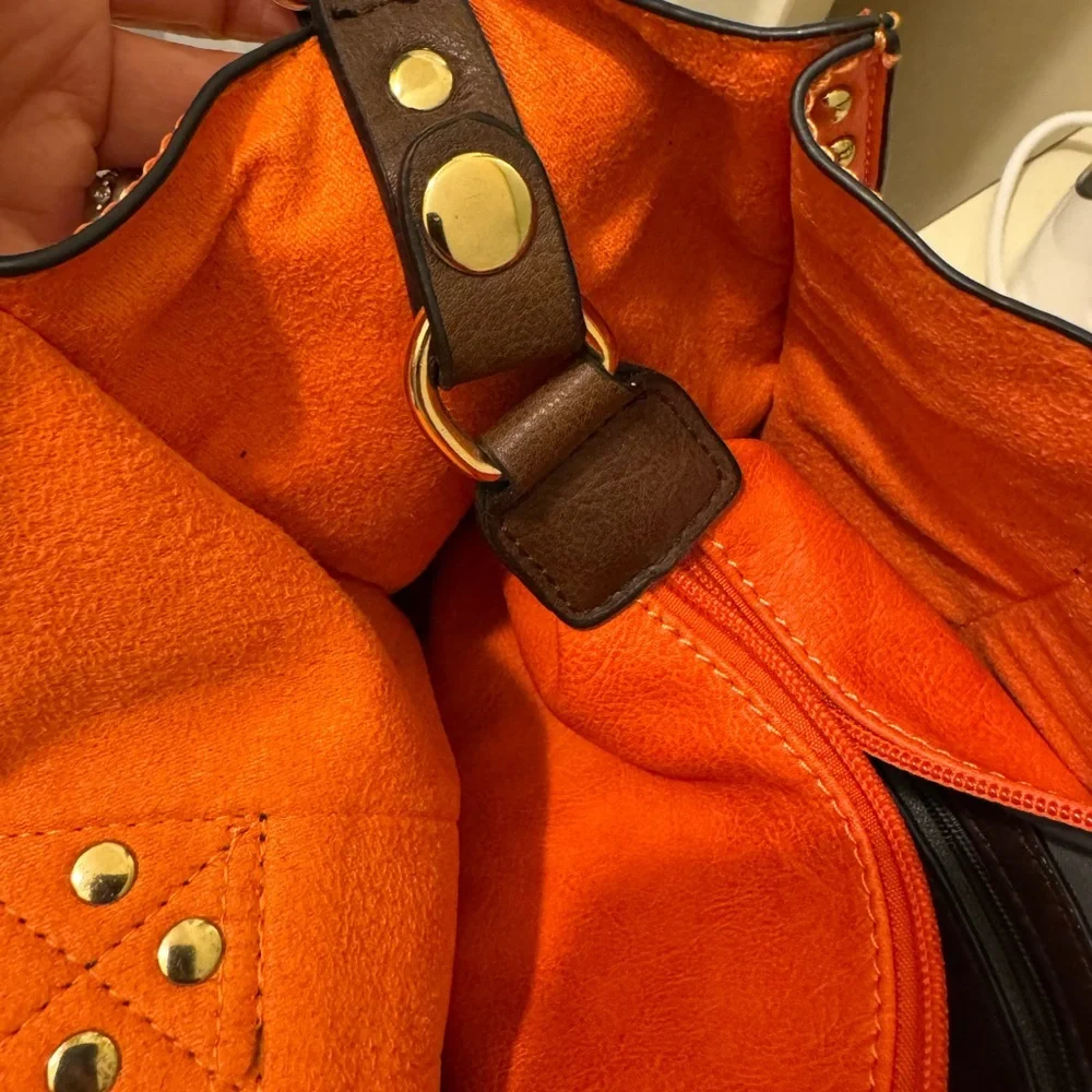 Alyssa Orange and Brown Leather‎ Shoulder Bag with Gold Clasp